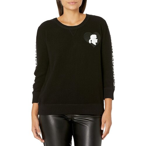 Свитшот Karl Lagerfeld ХL черный с лого лампасами по рукавам и эмблемой Карла в сердце на груди Womens Patch Logo Crewneck Pullover Sweater Top