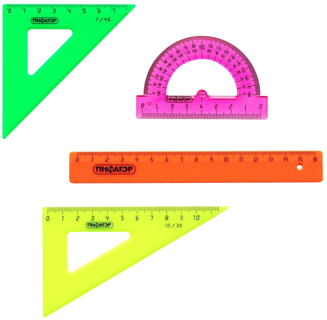 Набор чертежный малый пифагор (линейка 16 см, 2 треугольника, транспортир), неоновый, европодвес, 210625