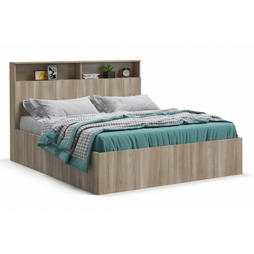 Двуспальная кровать Лаки без подъемного механизма с полками в изголовье цвет сонома 160х200 см 14299₽