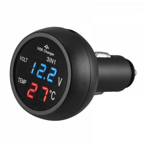 Автомобильное зарядное устройство USB 2.1A в прикуриватель с термометром и вольтметром