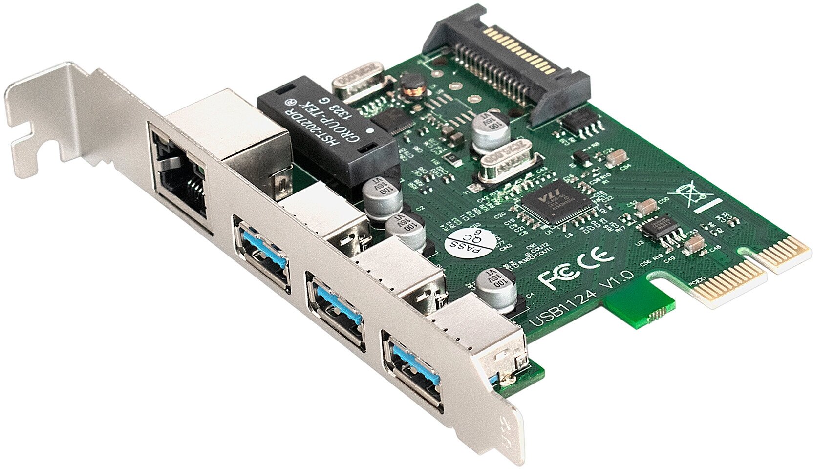 EXEGATE EX283714RUS Контроллер сетевой EXE-361 PCI-E 2.0, 3 USB3.0 ext + LAN UTP 1000Mbps, раз.доп.пит.OEM