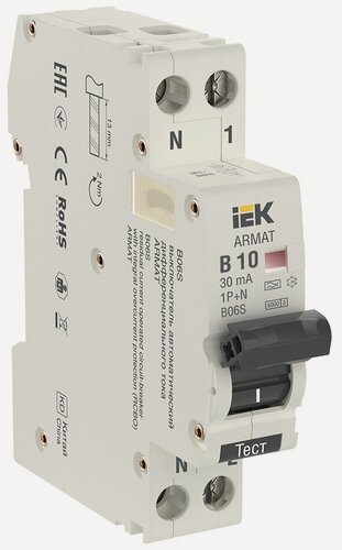 Изображение товара ARMAT Выключатель автоматический дифференциальный АВДТ B06S 1п+NP B10 30мА тип A (18мм) , IEK AR-B06S-1N-B10A030 (1 шт.)