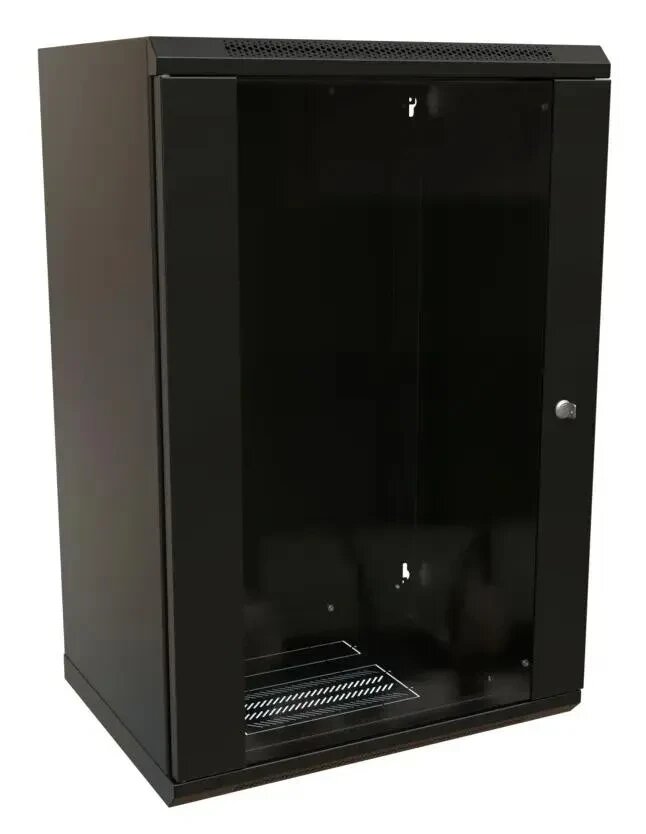 Коммутационный шкаф WRLINE WR-TW-1845-GP-RAL9004 настенный, стеклянная передняя дверь, 18U, 600x908x450мм