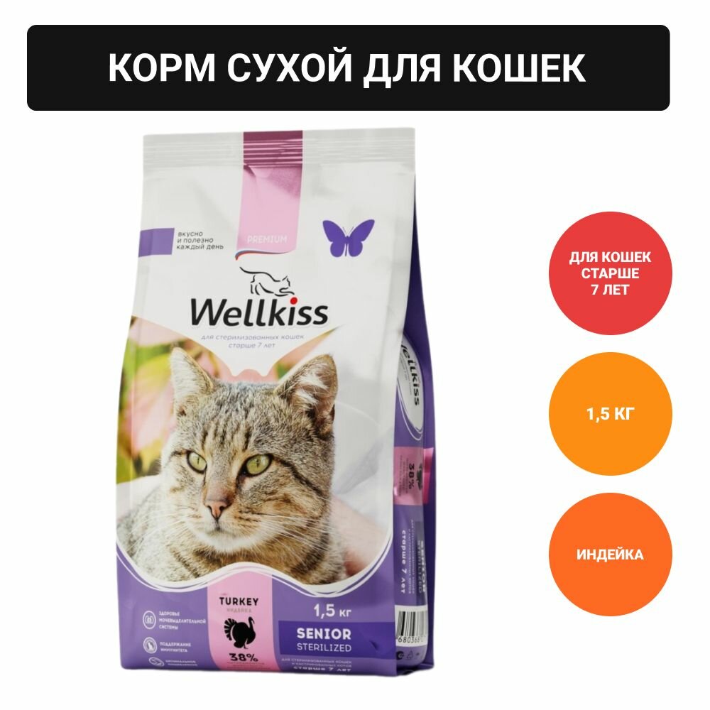 Wellkiss Senior Sterilized Корм сухой для кошек старше 7 лет, с индейкой, 1,5 кг