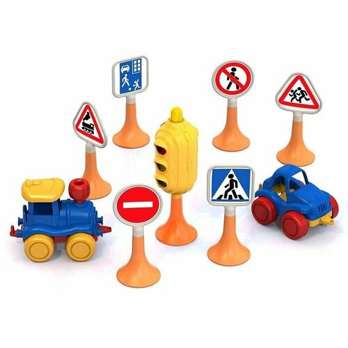 Дорожные знаки №3 (Светофор, 6 знаков, 2 машинки ) набор дорожных знаков 2 машинки 6 знаков светофор игровой набор игрушки для мальчиков 9 предметов