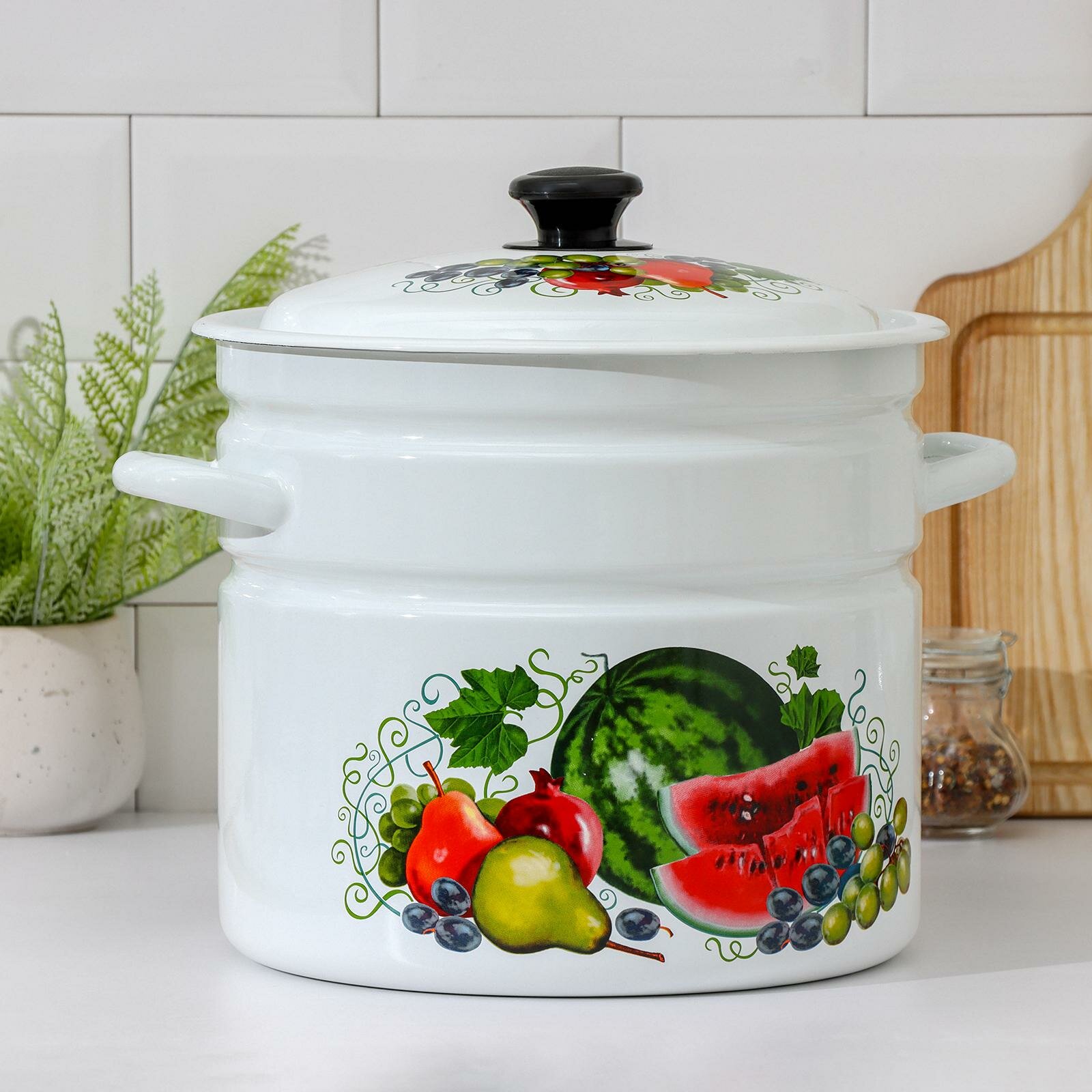 Кастрюля цилиндрическая 10 л эмалированная крышка деколь микс