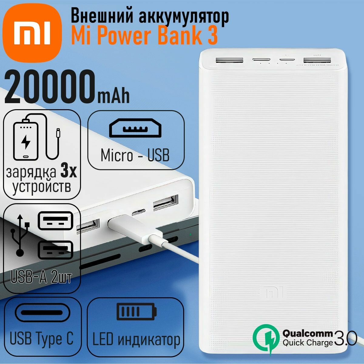 Внешний аккумулятор Xiaomi Power Bank 3 20 000mAh USB-C Quick Charge 3.0 Повербанк (powerbank)