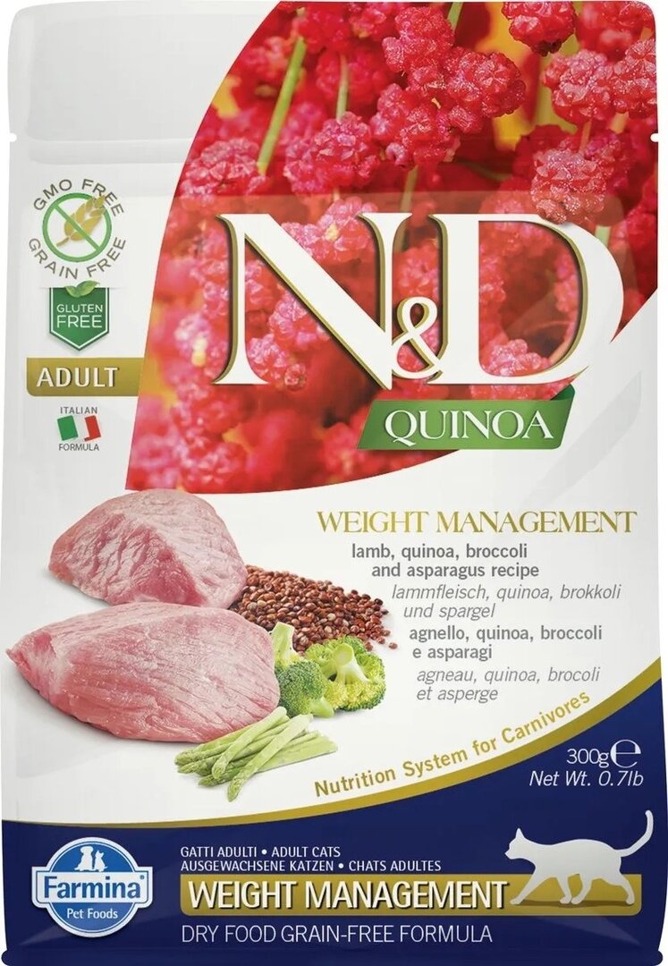 Корм сухой Farmina N&D Cat Quinoa Weight Management, для кошек, для контроля веса, ягненок, брокколи, киноа и спаржа, 300г срок 14.01.2027