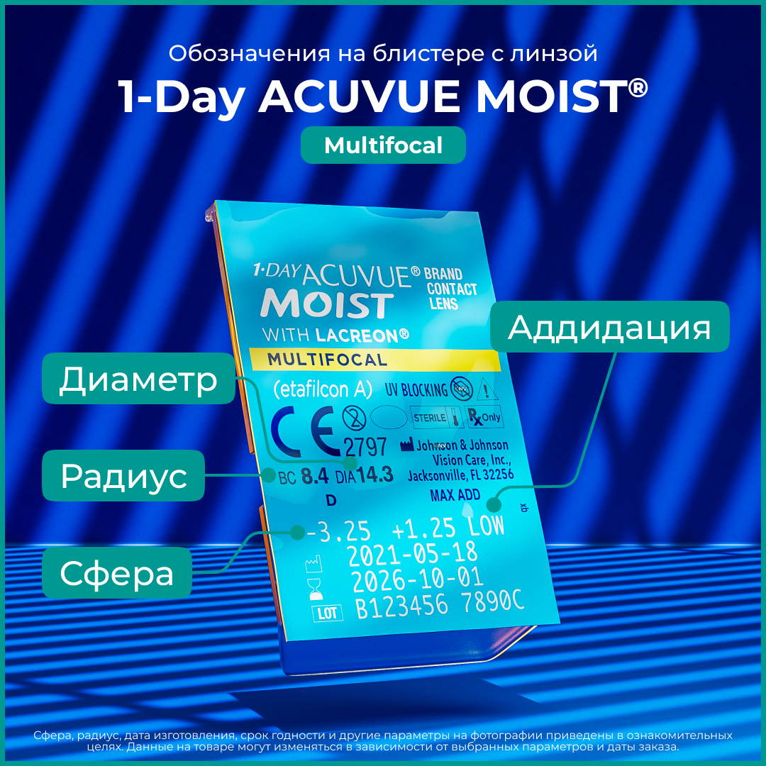 Мультифокальные линзы 1-Day Acuvue Moist Multifocal, 30 шт, -8.25, Аддидация: высокая, R:8,4, режим ношения: дневной — фото 1