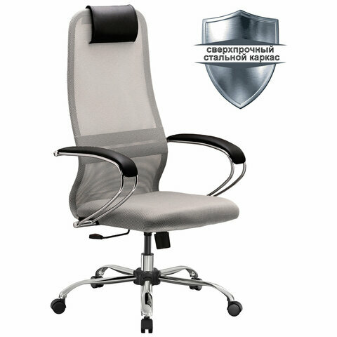 Кресло офисное метта "SU-B-8" хром, ткань-сетка, сиденье мягкое, светло-серое