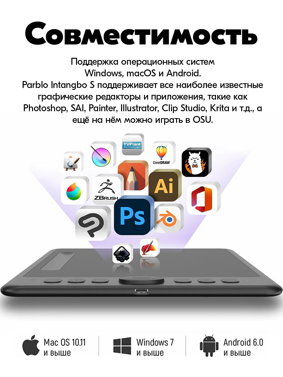 Графический планшет Parblo Intangbo S Stars Black для рисования, черный, А5, 8192 уровня нажима — фото 1
