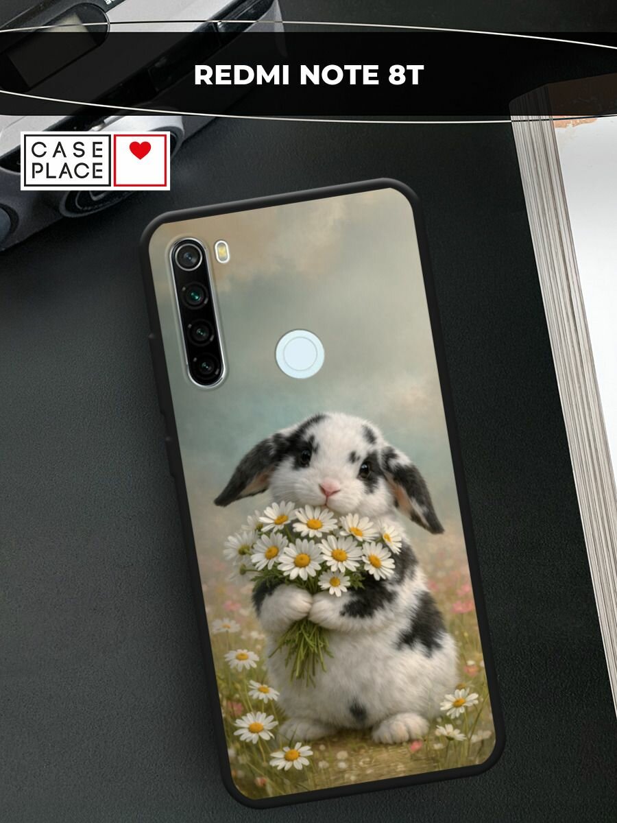 Черный матовый чехол на Xiaomi Redmi Note 8T / Сяоми Редми Нот 8Т с принтом Кролик с букетом ромашек