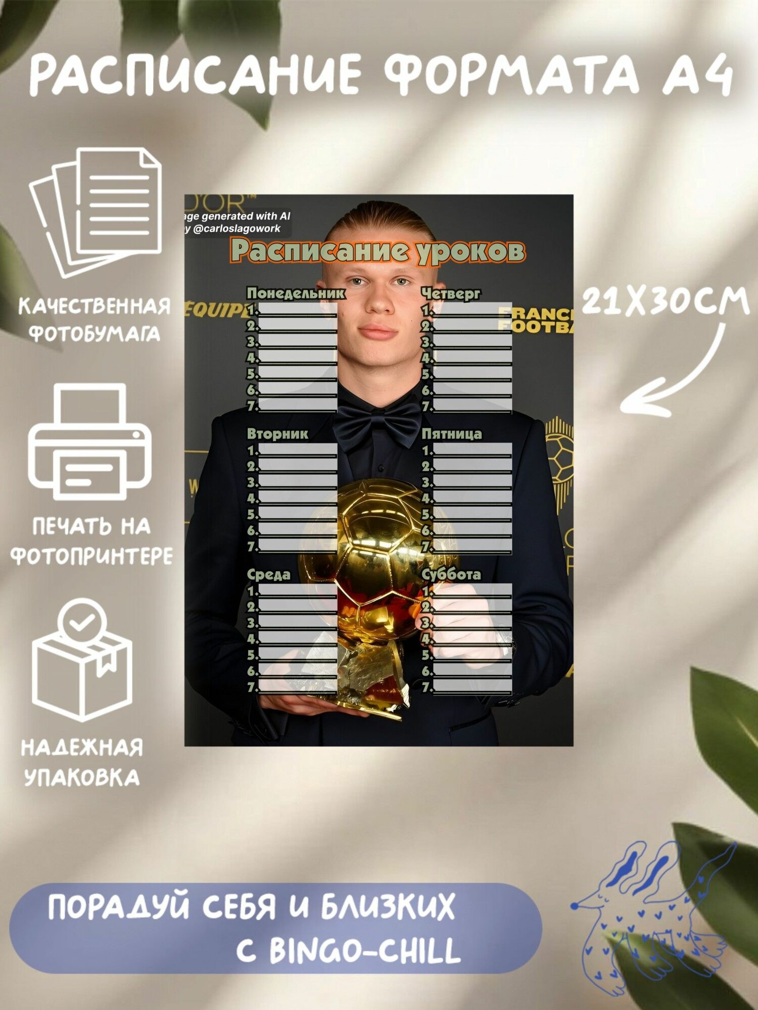 Расписание уроков формата А4, с принтом "Эрлинг Холанн"Erling Haaland