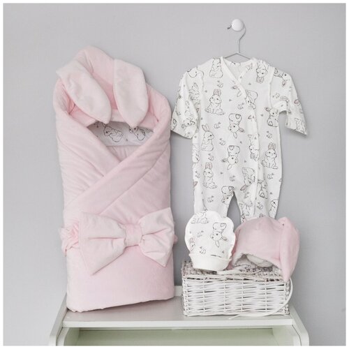 фото Комплект одежды kidi для девочек, бант и шапка и чепчик и комбинезон и одеяло, нарядный стиль, подарочная упаковка, капюшон, пояс на резинке, размер 18, розовый
