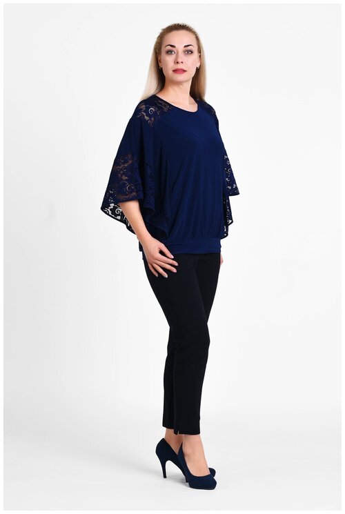 Блуза  Olsi, нарядный стиль, свободный силуэт, укороченный рукав, однотонная, размер 48, синий