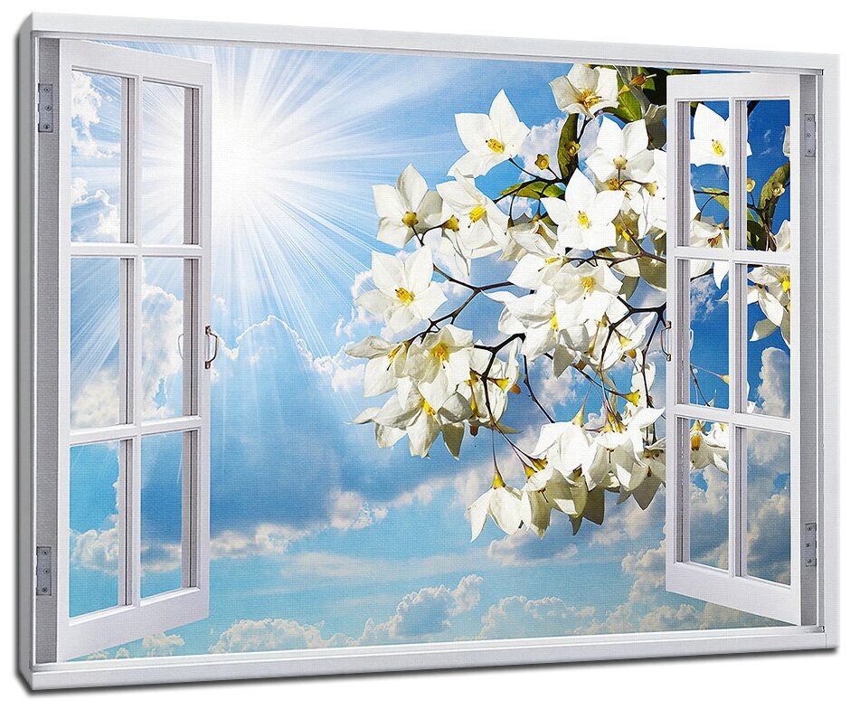 Картина Уютная стена "Вид из окна на цветущее дерево" 90х60 см