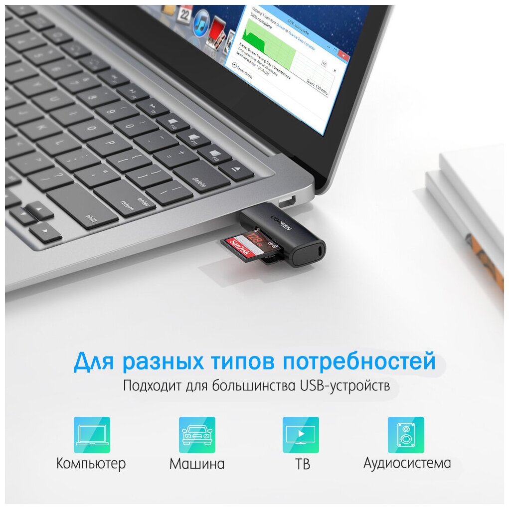 Карт-ридер UGREEN 60722 USB30 TF/SD черный