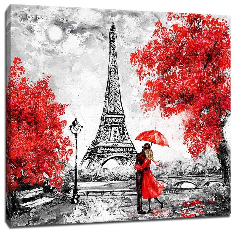 Картина Уютная стена "Пара под зонтом на фоне Эйфелевой башни в Париже" 70х60 см