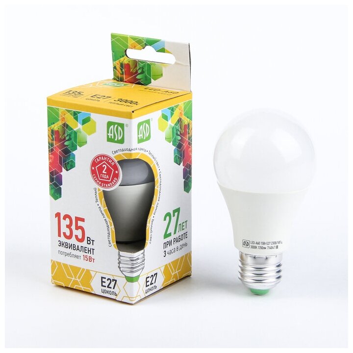 Лампа светодиодная ASD сд LED-A60-std 15Вт 230В Е27 3000К 1350Лм 10 штук