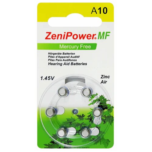 Батарейки ZeniPower 10 (PR70) для слухового аппарата, 1 блистер (6 батареек)