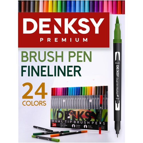 Маркеры DENKSY для скетчинга, 24 цвета, двусторонние (кисть 1-2 мм, линер 0,4 мм), корпус черный