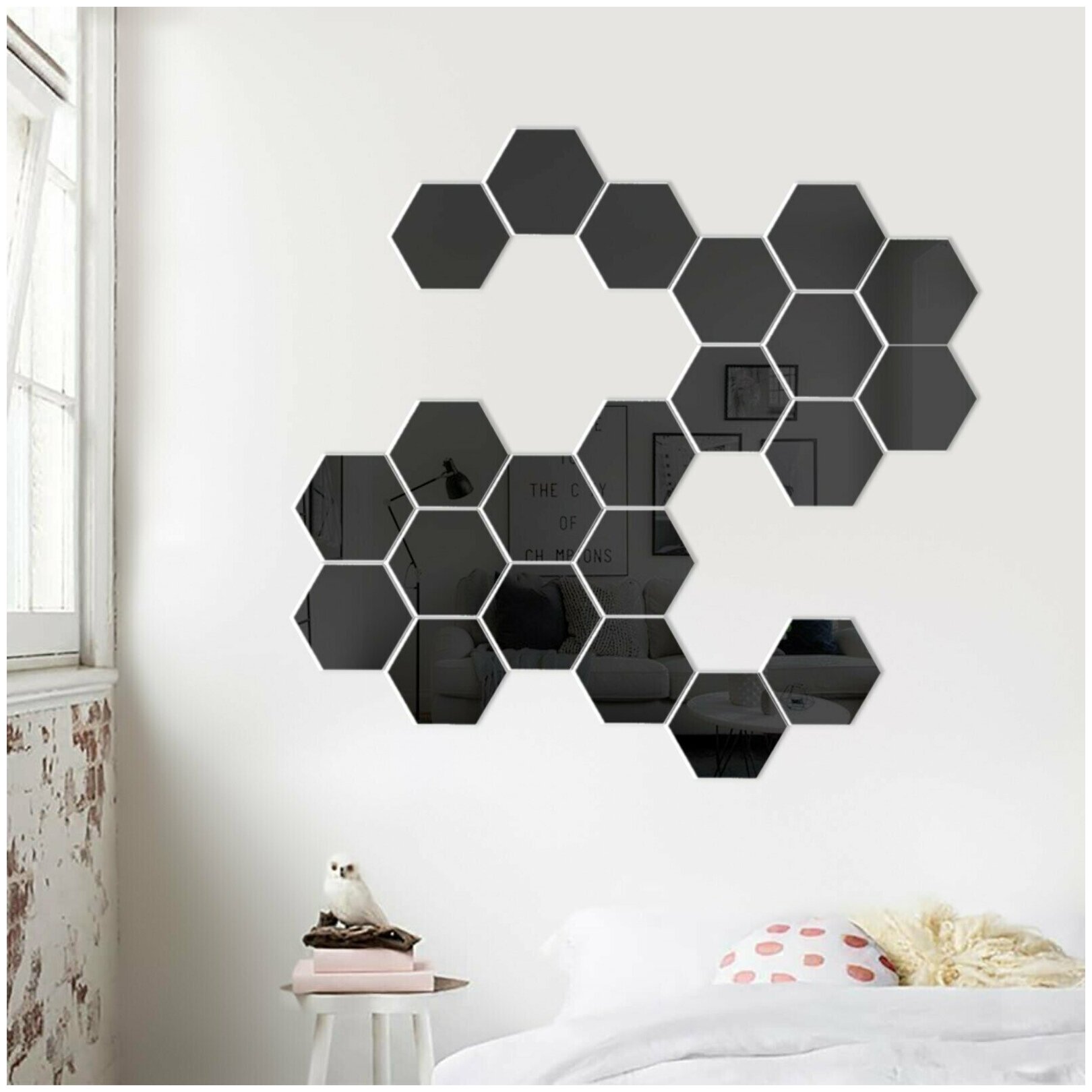 фото Декор настенный "Соты", зеркальный, 21 элемент, 8 х 7 см, чёрный