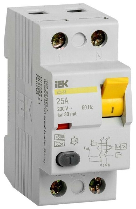 Выключатель дифференциального тока (УЗО) 2п 25А 30мА тип A ВД1-63 IEK MDV11-2-025-030 (1 шт)