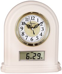 Классические настольные часы с ЖК дисплеем SN06C ЖК ББ/Белый (светлый) цвет корпуса/Золотой ободок циферблата/Светлый циферблат/Арабские цифры/Часы с датой/Каминные часы/Металлический циферблат