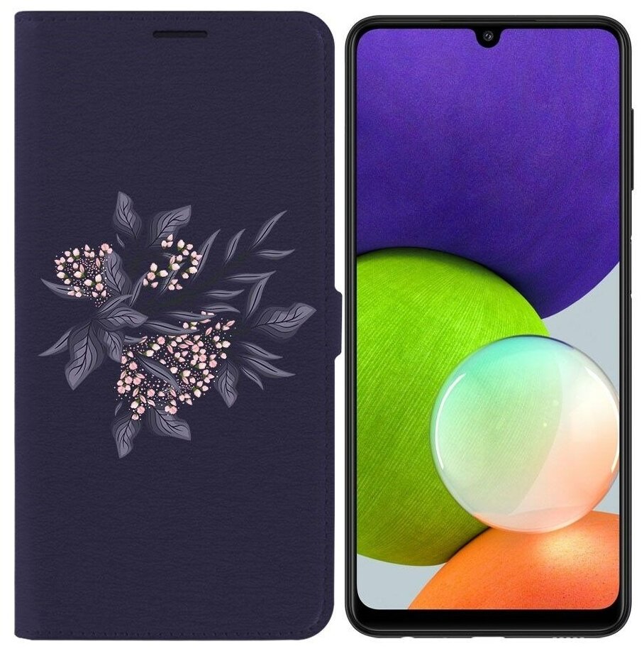 Чехол-книжка / Защитный кейс / Krutoff Eco Book для Samsung Galaxy A22 4G (A225) Розовые бутоны (синий)