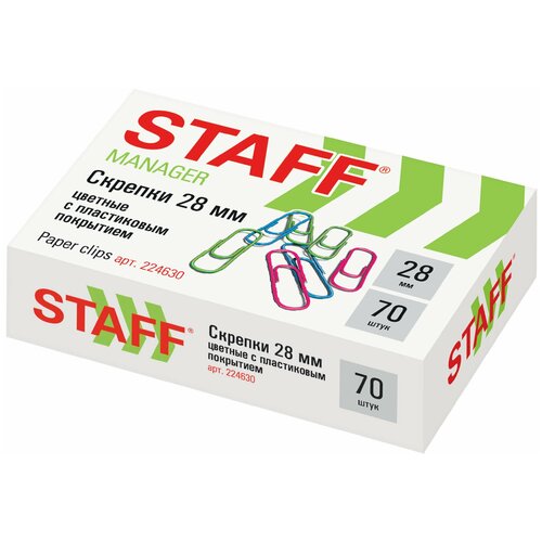 Скрепки STAFF Manager, 28 мм, цветные, 70 шт, в картонной коробке, Россия, 224630