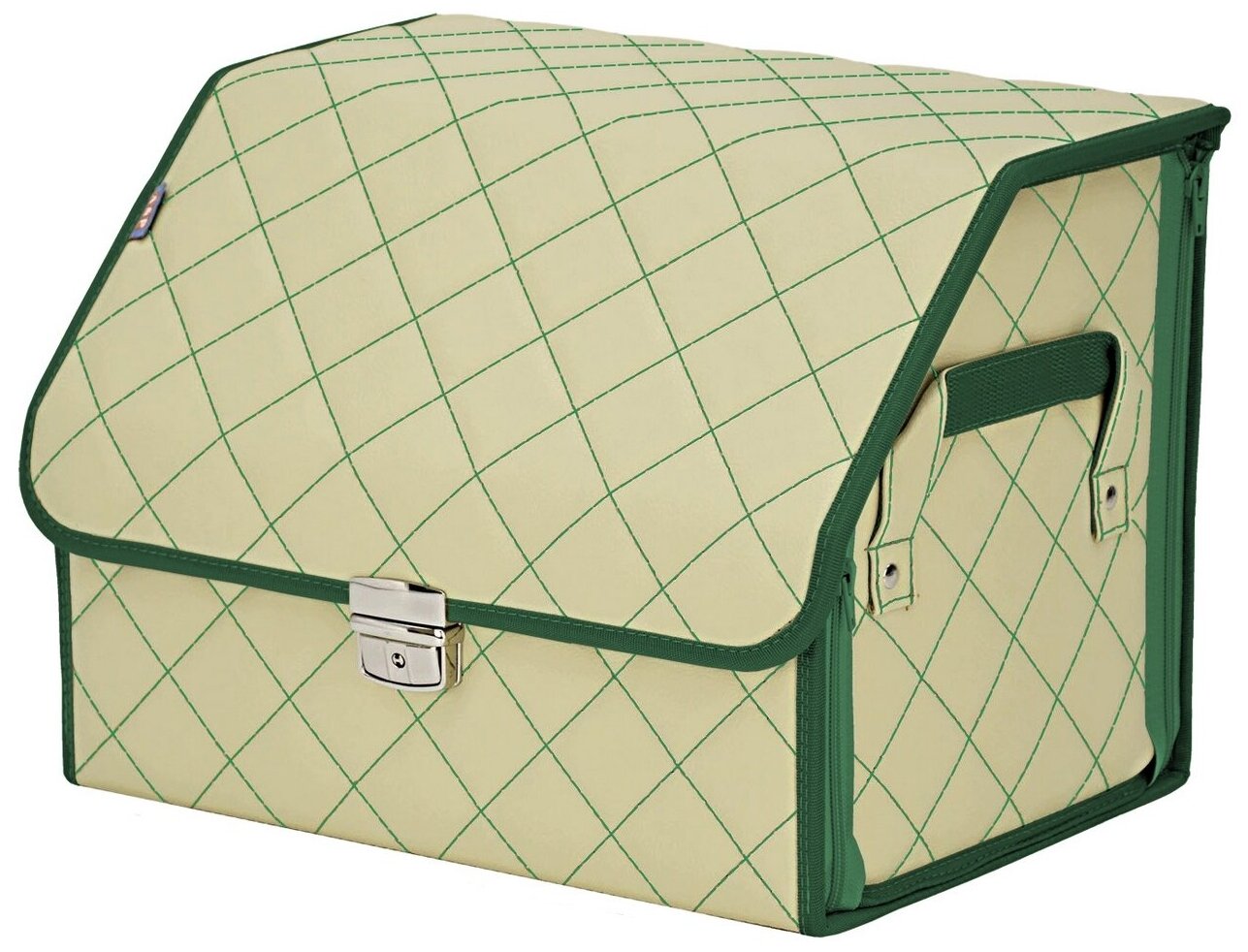 Органайзер-саквояж в багажник "Союз Премиум" (размер M). Цвет: светло-бежевый с зеленой прострочкой Ромб.