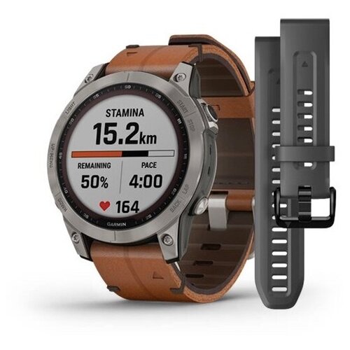 Garmin Fenix 7 Sapphire Solar титановый серый с коричневым кожаным ремешком (010-02540-31)