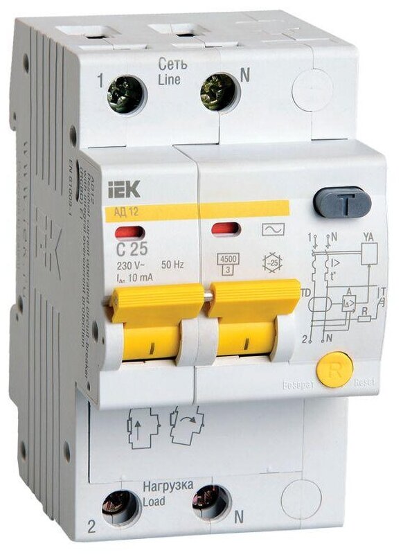 Выключатель автоматический дифференциального тока 2п C 25А 10мА тип AC 4.5кА АД-12, IEK MAD10-2-025-C-010 (1 шт.)