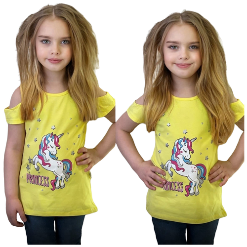 Футболка для девочки Единорог коралловая рост 122 см. (7 лет) Хлопковая футболка для девочки, летняя детская футболка