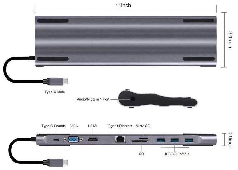 Хаб USB-концентратор 10 в 1 (PD+VGA+HDTV+ Ethernet+TF/SD+3xUSB3.0+Audio &Microphone) Multifunctional Type-C Gray