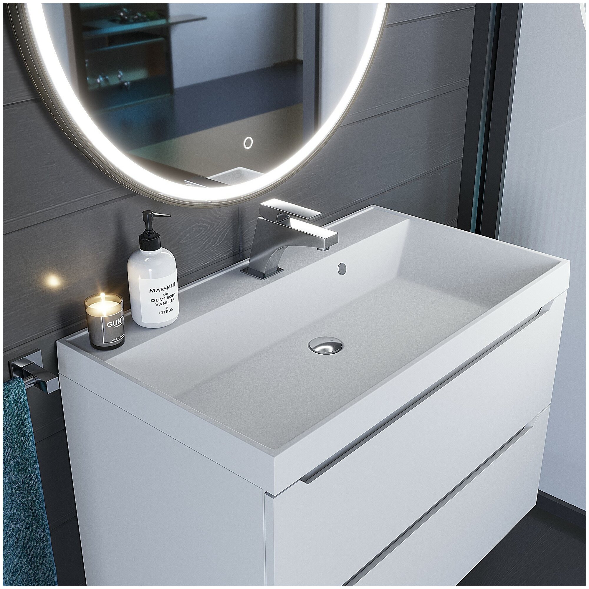 Раковина кварцевая для ванной комнаты Uperwood Classic Quartz 80 см, белая матовая, жасмин - фотография № 1
