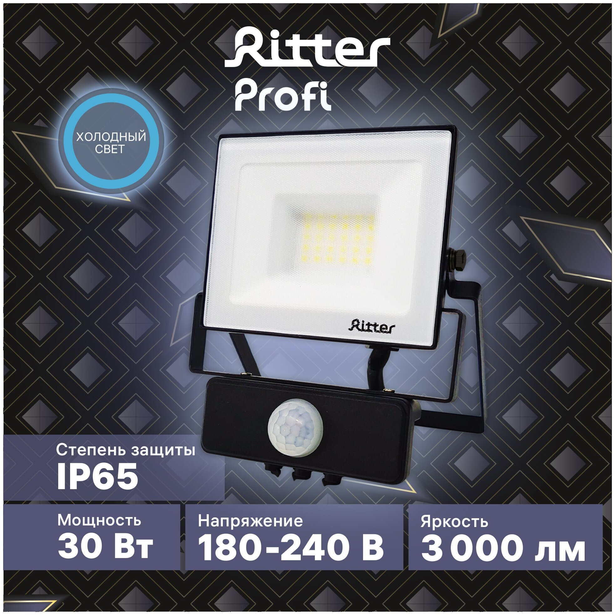 RITTER Прожектор светодиодный серия PROFI 230В 30 Вт 6500К 3000Лм IP65 черный с датчиком движения 53421 5
