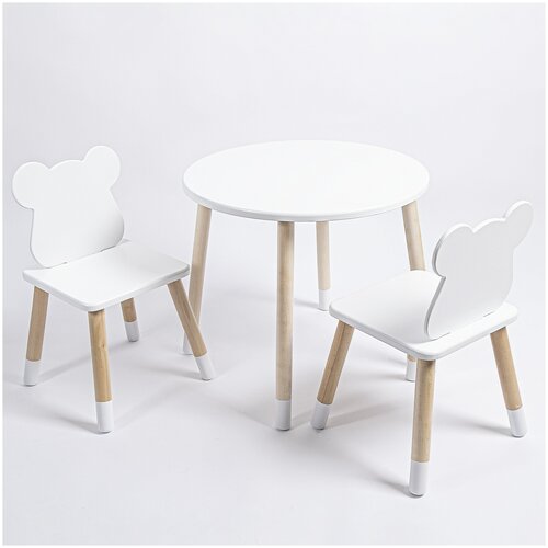Комплект детский стол круглый и два стула мишка ROLTI Baby (белая столешница/белое сиденье/береза ножки)