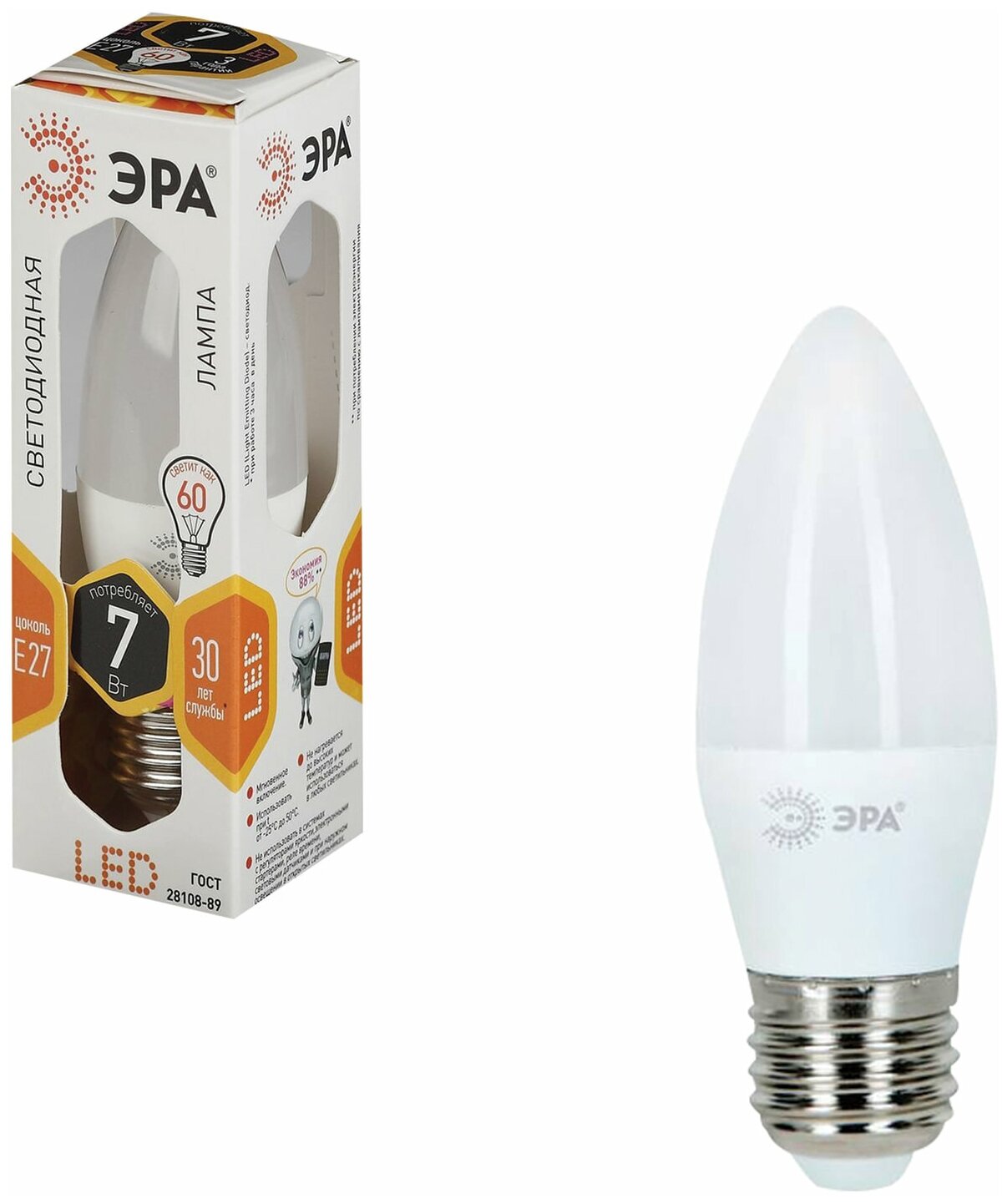 Лампа светодиодная ЭРА, 7 (60) Вт, цоколь E27, "свеча", теплый белый свет, 30000 ч, LED smdB35-7w-827-E27 В комплекте: 3шт.