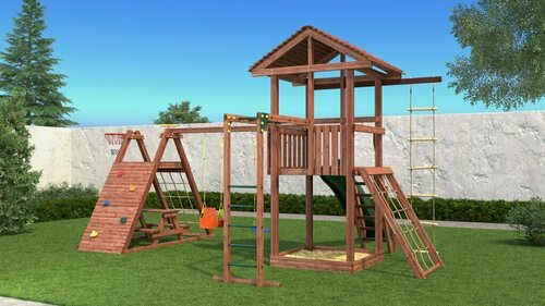 Изображение товара CustWood Family F11 Детская деревянная игровая площадка, спортивный комплекс с домиком, горкой, качелями и скалодромом для дачи и улицы