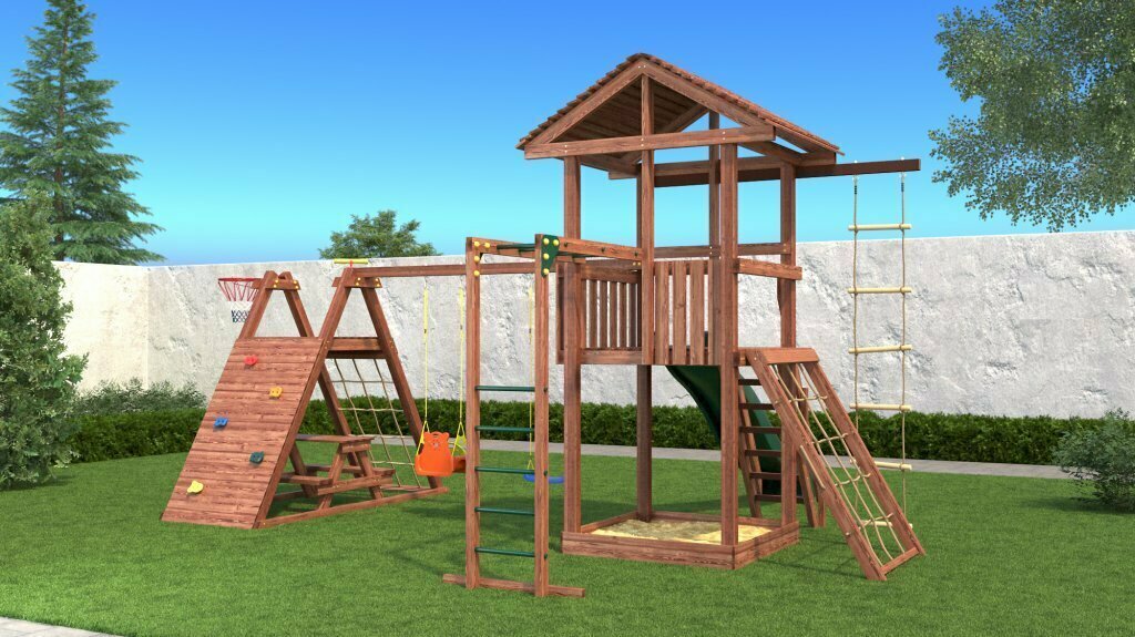 Детская деревянная игровая площадка CustWood Family F11 спортивный комплекс с домиком, горкой, качелями и скалодромом для дачи и улицы