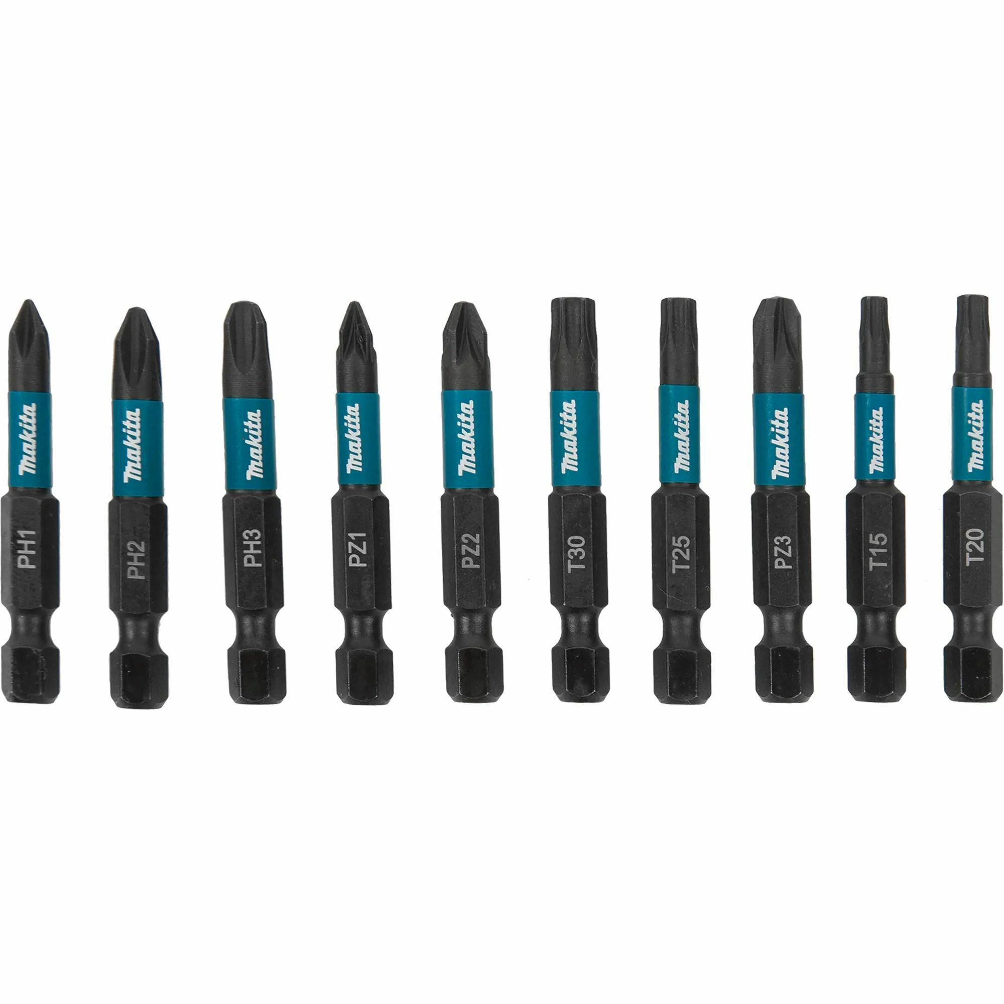 Набор бит Makita Impact Black 50 мм 10 шт.(PH1, PH2, PH3, PZ1, PZ2, PZ3, T15, T20, T25, T30)