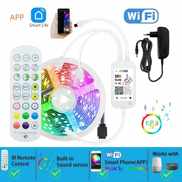 Светодиодная лента гибкая IP65 RGB WiFi Bluetooth работает с Alexa 2-30 м в ассортименте