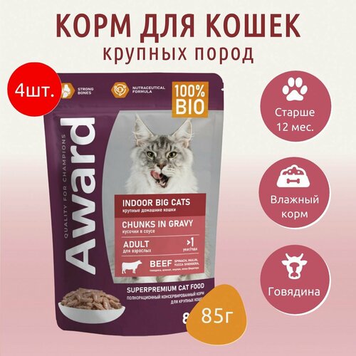 Влажный корм AWARD Indoor big cats 340г (4 упаковки по 85 грамм) для взрослых домашних кошек крупных пород кусочки в соусе с говядиной