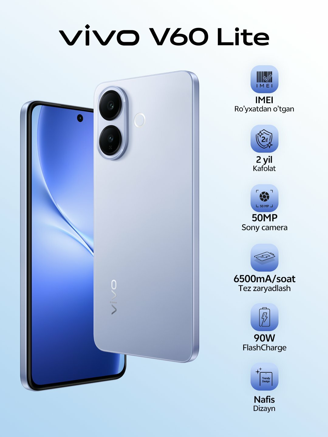 Смартфон Vivo V60 Lite 4G, 8PAM 256ГБ, Zeiss камера, защита от пыли и воды, 6500 мАч Светло-синий