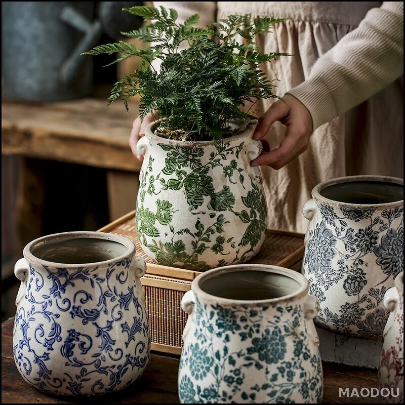 Ретро керамические цветочные горшки, With drainage holes, Средний