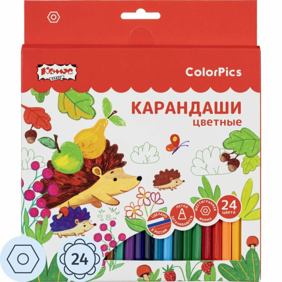 Карандаши цветные 24 цвета Комус Класс ColorPics, шестигранные, 1781680