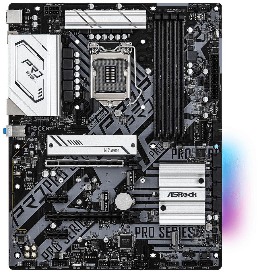Материнская плата ATX ASRock B560 PRO4 (LGA1200, B560, 4*DDR4(4800), 6*SATA 6G RAID, 3*M.2, 4*PCIE, 7.1CH, Glan, HDMI, DP, 8*USB 3.2/USB Type-C)