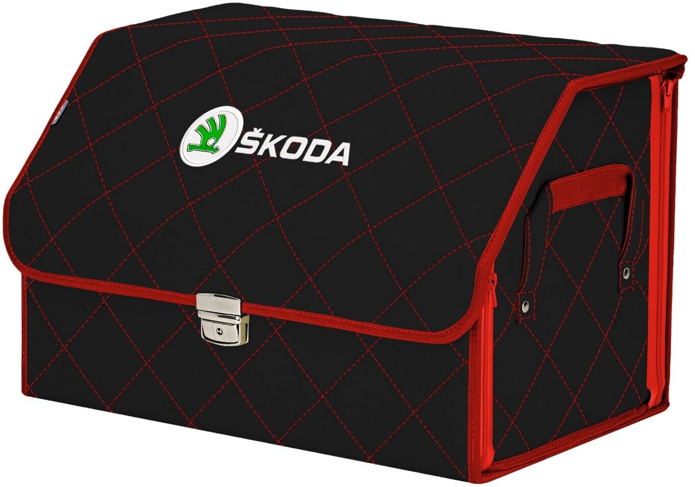 Органайзер-саквояж в багажник "Союз Премиум" (размер L). Цвет: черный с красной прострочкой Ромб и вышивкой Skoda (Шкода).