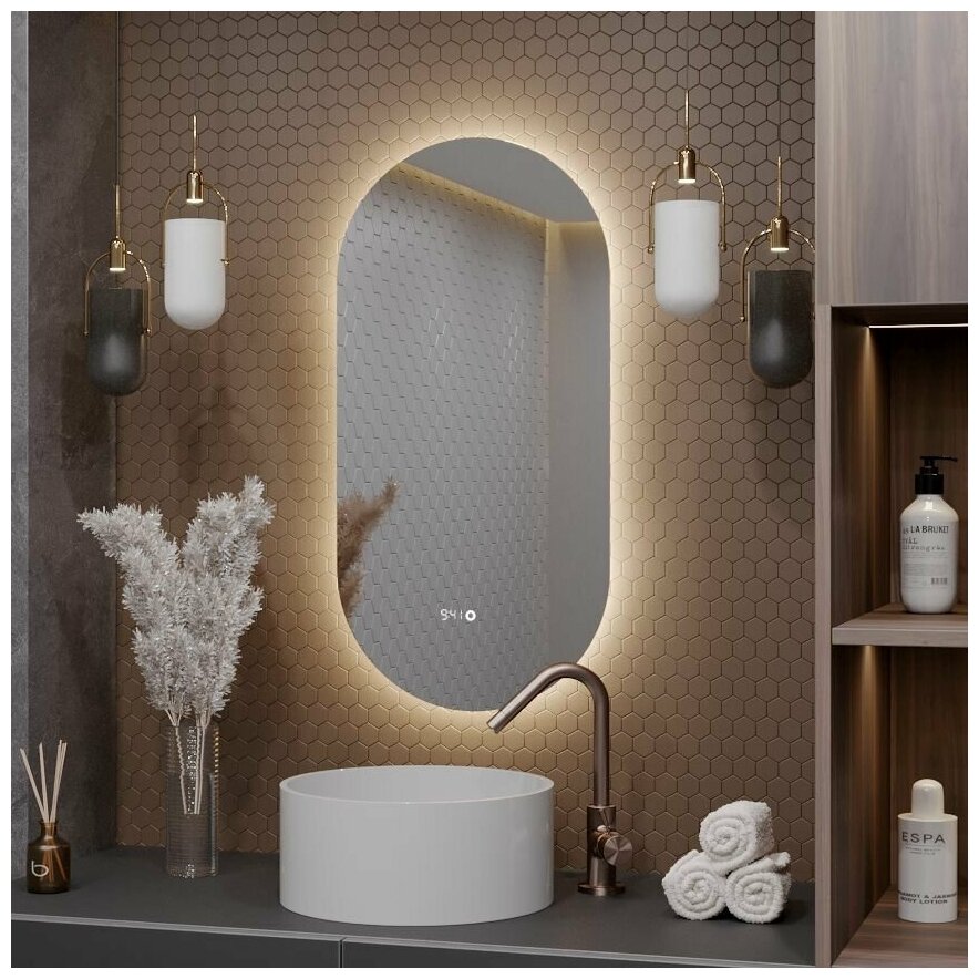 Зеркало Олимпия 120*60 для ванной с нейтральной LED-подсветкой и часами - фотография № 2